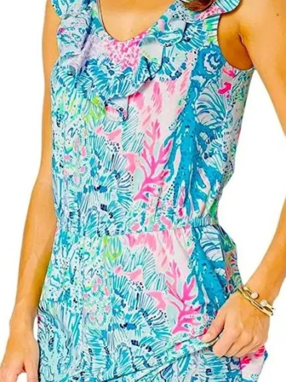 Lilly Pulitzer Tropical Floral Ruffle Sleeveless Alessa Romper